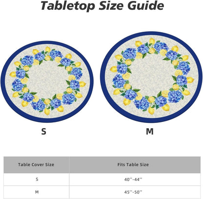 Summer Round Tablecloth Blue Yellow Lemon Hydrangea Flowers Table Cover with Elastic Edge Washable Fitted Table Cloth for Kitchen Patry Outdoor Decor Fits 45"-50", Medium
