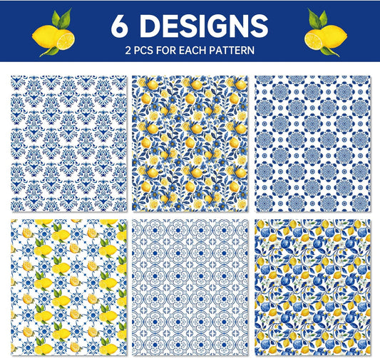 12-Sheet Chinoiserie Lemons Wrapping Paper Set | Watercolor Blue Tiles & Yellow Lemon Designs | 19.7x27.6 Inch Folded Flat Art Paper for Gift Wrapping, DIY Crafts, Weddings & Birthdays.