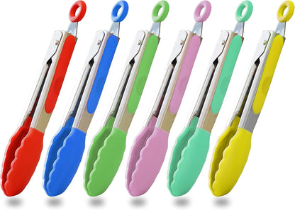 Small Tongs Set 7-Inch Mini Tongs with Silicone Tips, Set of 6 (Red Blue Green Pink Mint Yellow) | Red Blue Green Pink Mint Yellow