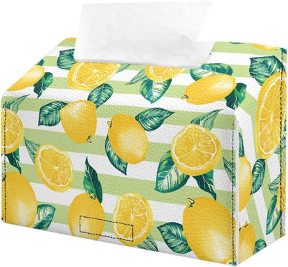 Lemon Print Tissue Box Cover Compatible with Kleenex Disposable Hand Towels, Waterproof PU Leather Hand Towel Box Cover for Tabletop Bathroom Car and Office