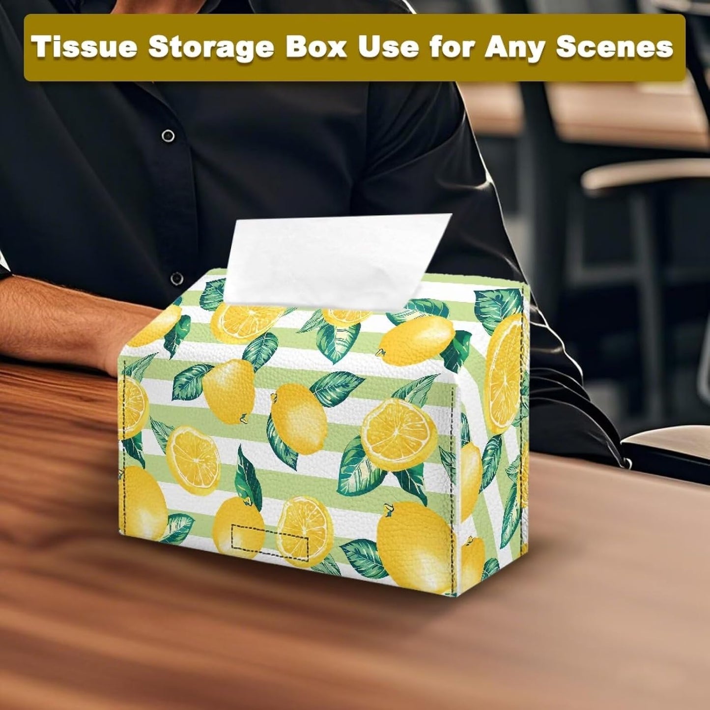 Lemon Print Tissue Box Cover Compatible with Kleenex Disposable Hand Towels, Waterproof PU Leather Hand Towel Box Cover for Tabletop Bathroom Car and Office