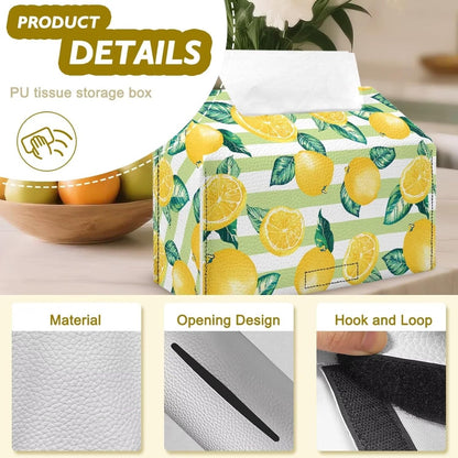 Lemon Print Tissue Box Cover Compatible with Kleenex Disposable Hand Towels, Waterproof PU Leather Hand Towel Box Cover for Tabletop Bathroom Car and Office
