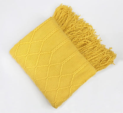 Irregular Rhombus Diamond Knit Fringe Throw Blanket 50" W x 60" L – Mustard Yellow Geometric Woven Blanket for Couch, Bedroom and Living Room Décor
