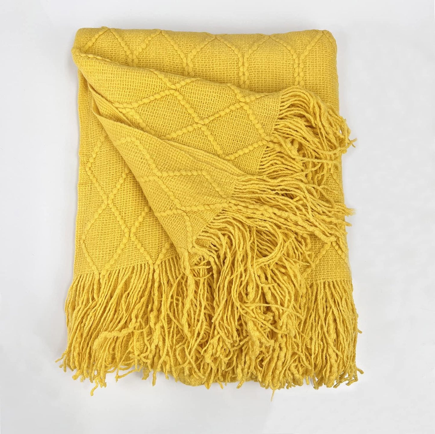 Irregular Rhombus Diamond Knit Fringe Throw Blanket 50" W x 60" L – Mustard Yellow Geometric Woven Blanket for Couch, Bedroom and Living Room Décor