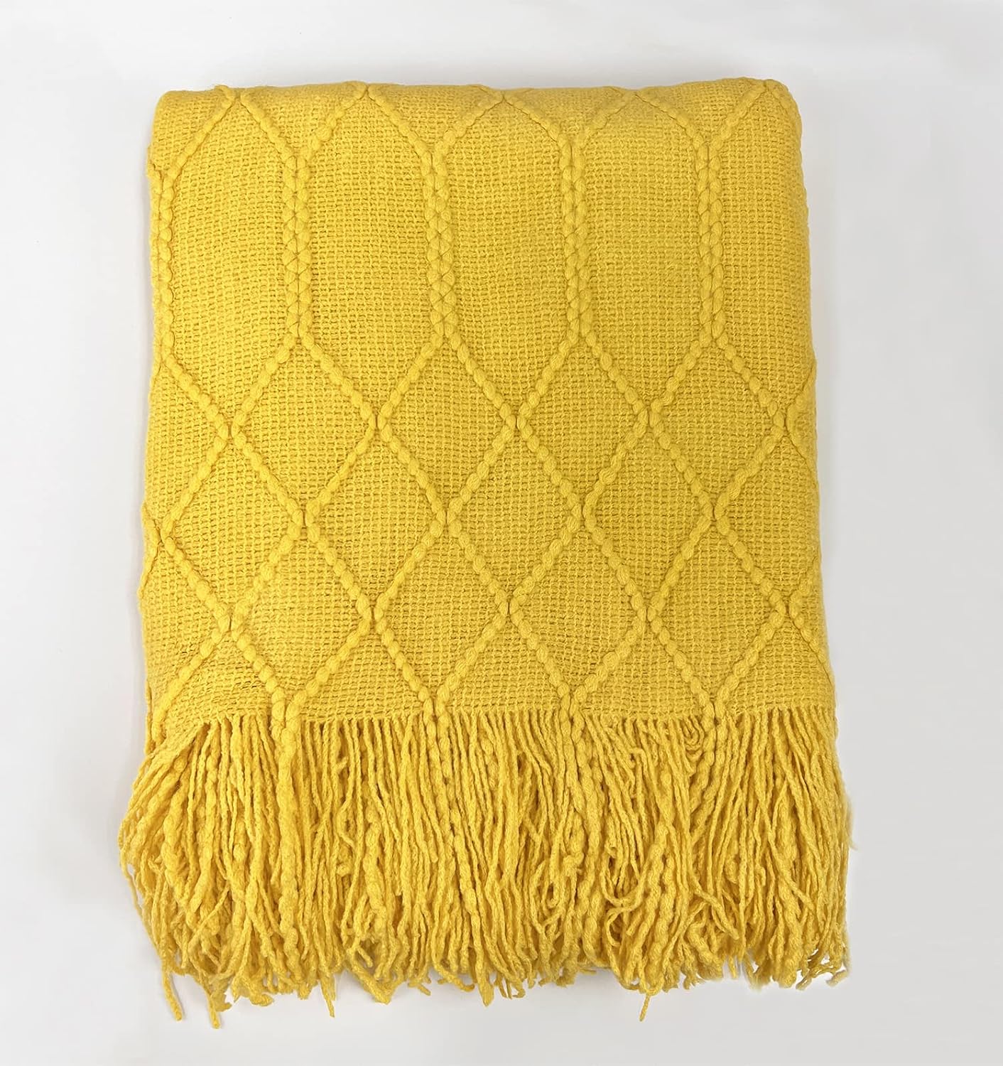 Irregular Rhombus Diamond Knit Fringe Throw Blanket 50" W x 60" L – Mustard Yellow Geometric Woven Blanket for Couch, Bedroom and Living Room Décor