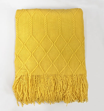Irregular Rhombus Diamond Knit Fringe Throw Blanket 50" W x 60" L – Mustard Yellow Geometric Woven Blanket for Couch, Bedroom and Living Room Décor