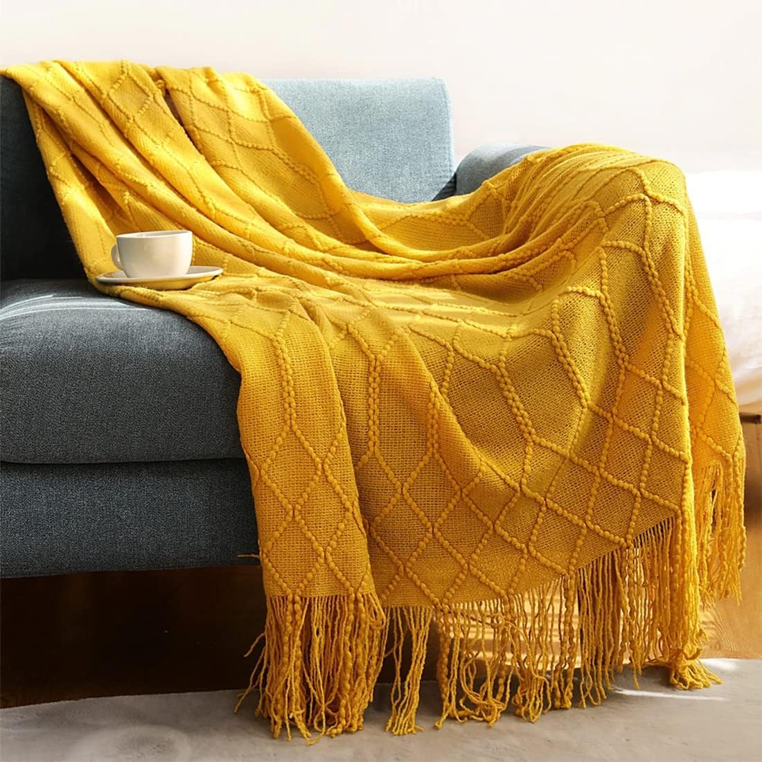 Irregular Rhombus Diamond Knit Fringe Throw Blanket 50" W x 60" L – Mustard Yellow Geometric Woven Blanket for Couch, Bedroom and Living Room Décor