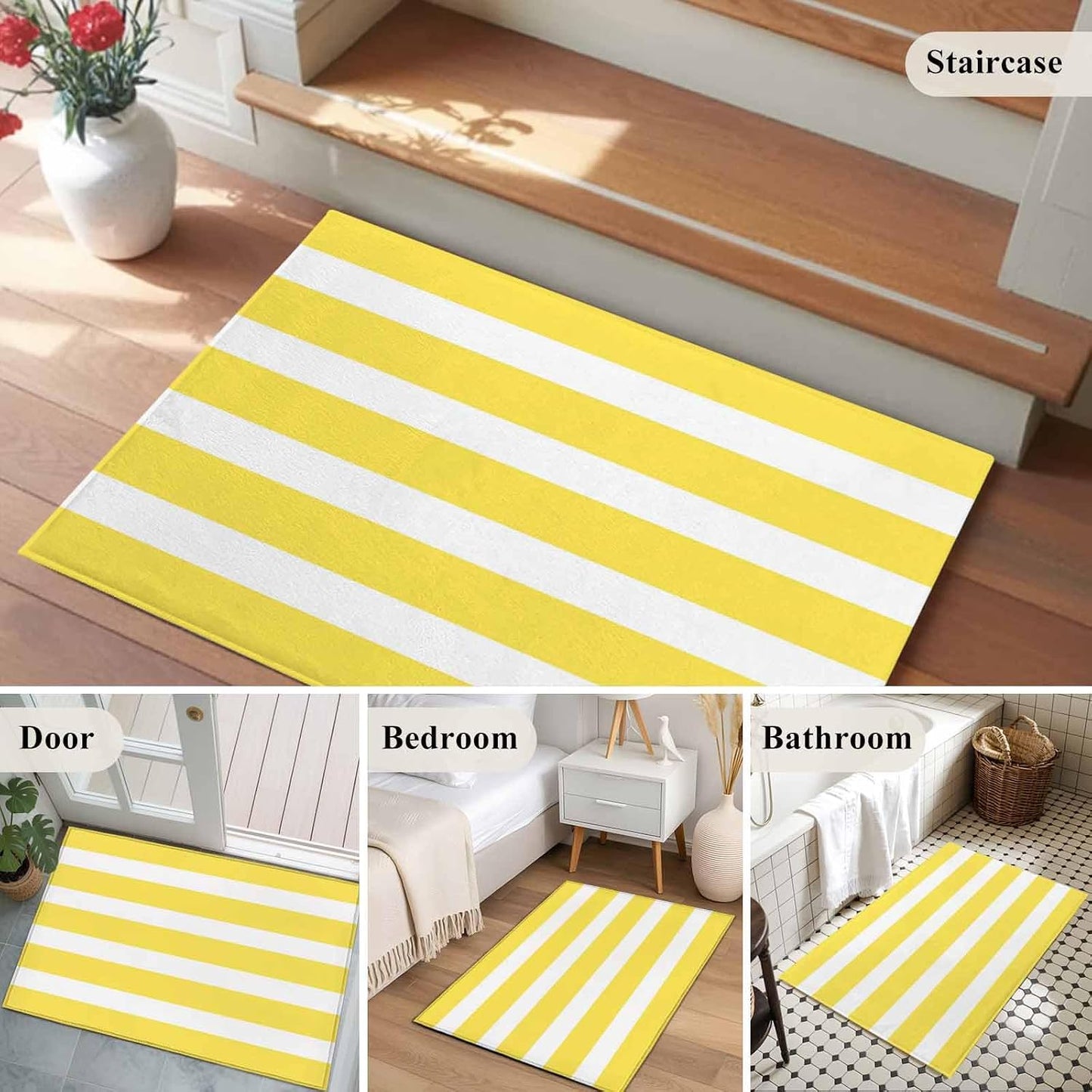 2x3 Ft Entryway Area Rug, Yellow Striped Kitchen Rug Runner Floor Mat, Modern Simple Monochrome Geometric White Non Slip Indoor Door Mat Throw Carpet for Bathroom Living Room Bedroom