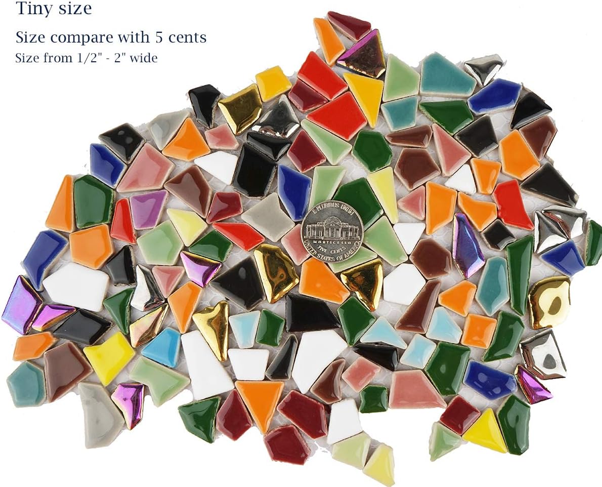 Vibrant Broken Ceramic Tiles for Crafts Mosaics,Irregular Polished China Tile Scraps Stained Glass Pieces, Mixed Colors- 2Pounds/0.97 Square Foot