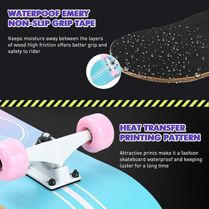 Skateboard,31 x 8 Inch Complete Skateboard, 8-Layer Maple Wood Deck Double Kick Standard Skateboards for Kids, Teens, Adult, Beginner