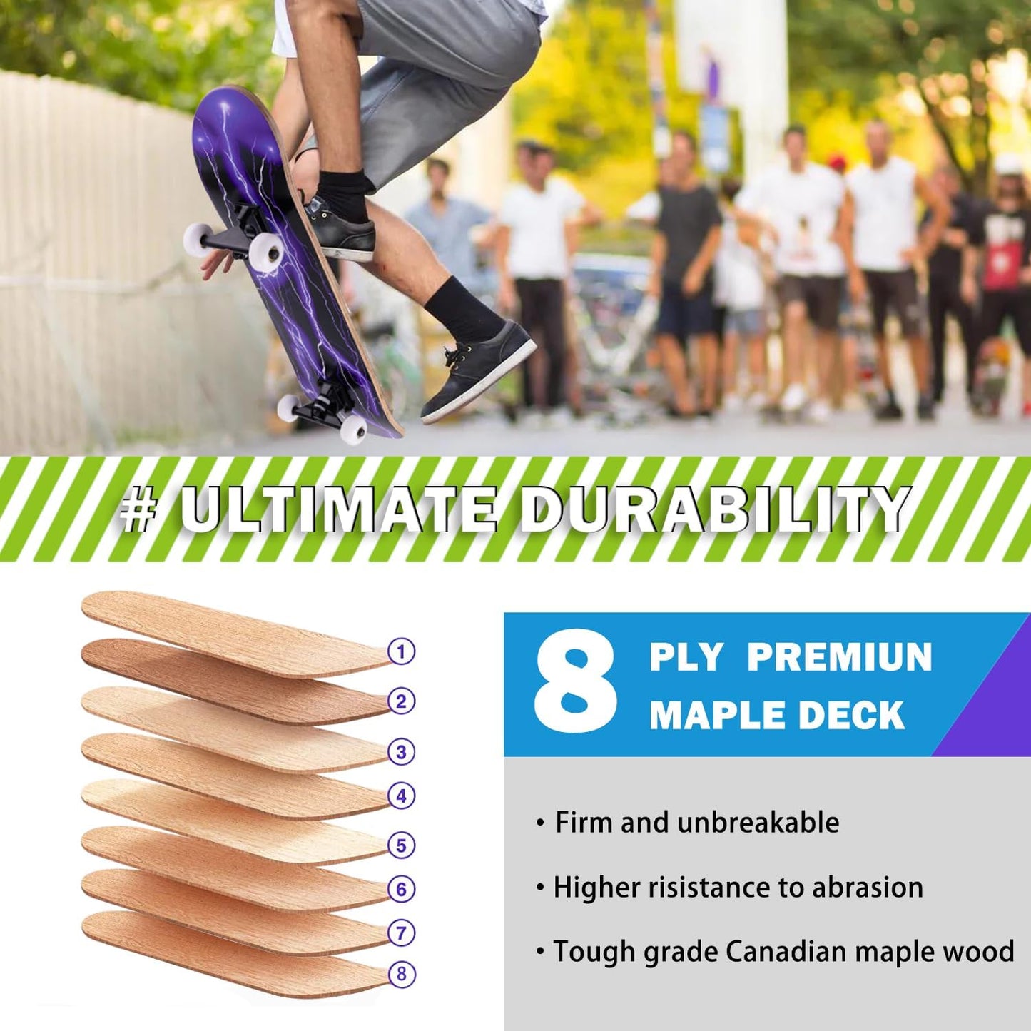 Skateboard,31 x 8 Inch Complete Skateboard, 8-Layer Maple Wood Deck Double Kick Standard Skateboards for Kids, Teens, Adult, Beginner