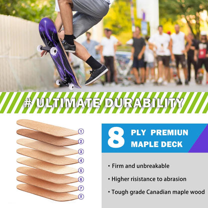 Skateboard,31 x 8 Inch Complete Skateboard, 8-Layer Maple Wood Deck Double Kick Standard Skateboards for Kids, Teens, Adult, Beginner