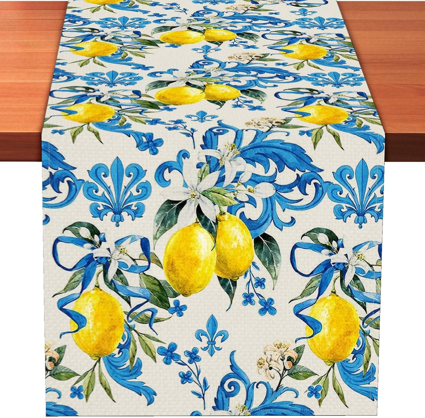 Blue Lemon Table Runner 13 x 72 Inch – Mediterranean Summer Table Decor for Kitchen Dining, Rustic Farmhouse Table Linen for Spring Party, Italian Style Fruit Table Cloth for Home and Outdoor