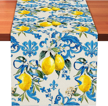 Blue Lemon Table Runner 13 x 72 Inch – Mediterranean Summer Table Decor for Kitchen Dining, Rustic Farmhouse Table Linen for Spring Party, Italian Style Fruit Table Cloth for Home and Outdoor