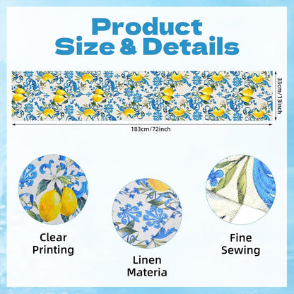 Blue Lemon Table Runner 13 x 72 Inch – Mediterranean Summer Table Decor for Kitchen Dining, Rustic Farmhouse Table Linen for Spring Party, Italian Style Fruit Table Cloth for Home and Outdoor