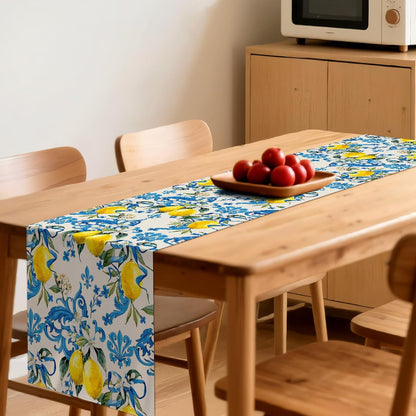 Blue Lemon Table Runner 13 x 72 Inch – Mediterranean Summer Table Decor for Kitchen Dining, Rustic Farmhouse Table Linen for Spring Party, Italian Style Fruit Table Cloth for Home and Outdoor