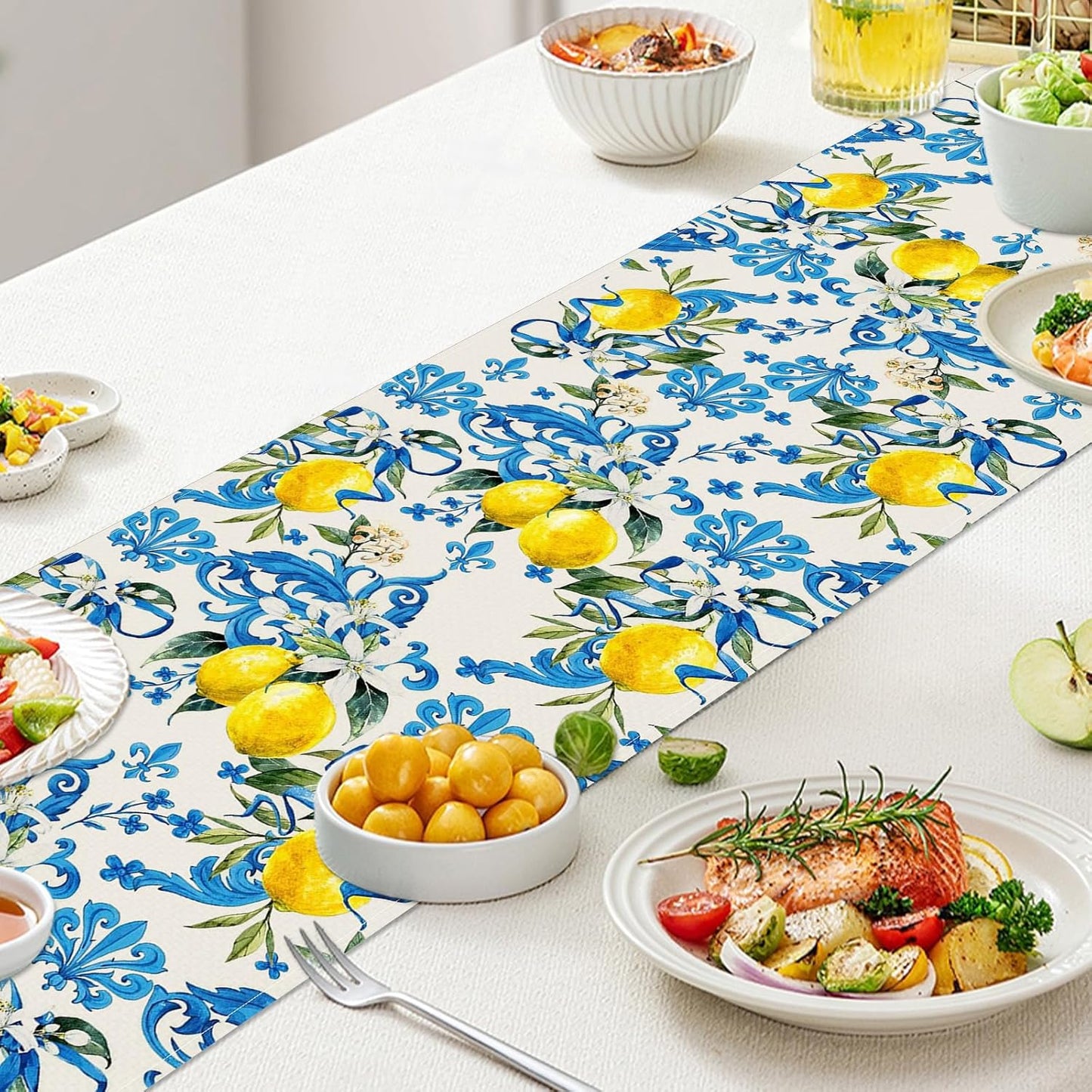Blue Lemon Table Runner 13 x 72 Inch – Mediterranean Summer Table Decor for Kitchen Dining, Rustic Farmhouse Table Linen for Spring Party, Italian Style Fruit Table Cloth for Home and Outdoor