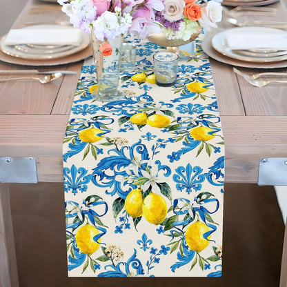 Blue Lemon Table Runner 13 x 72 Inch – Mediterranean Summer Table Decor for Kitchen Dining, Rustic Farmhouse Table Linen for Spring Party, Italian Style Fruit Table Cloth for Home and Outdoor