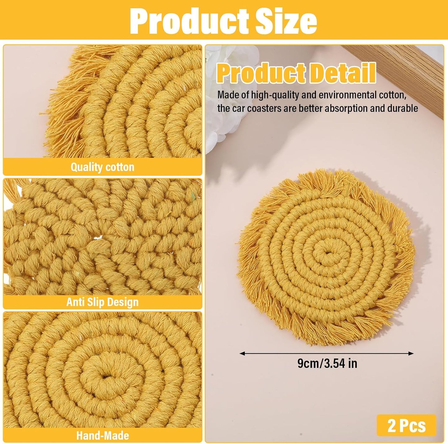 2pcs Car Cupholder Coaster, Absorbent Cotton Coaster for Car, 3.54 in Boho Cars Cupholder Coasters with Tassel Edges for Cars,RV & Home Decor（Sunshine Yellow）
