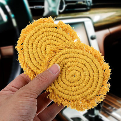 2pcs Car Cupholder Coaster, Absorbent Cotton Coaster for Car, 3.54 in Boho Cars Cupholder Coasters with Tassel Edges for Cars,RV & Home Decor（Sunshine Yellow）