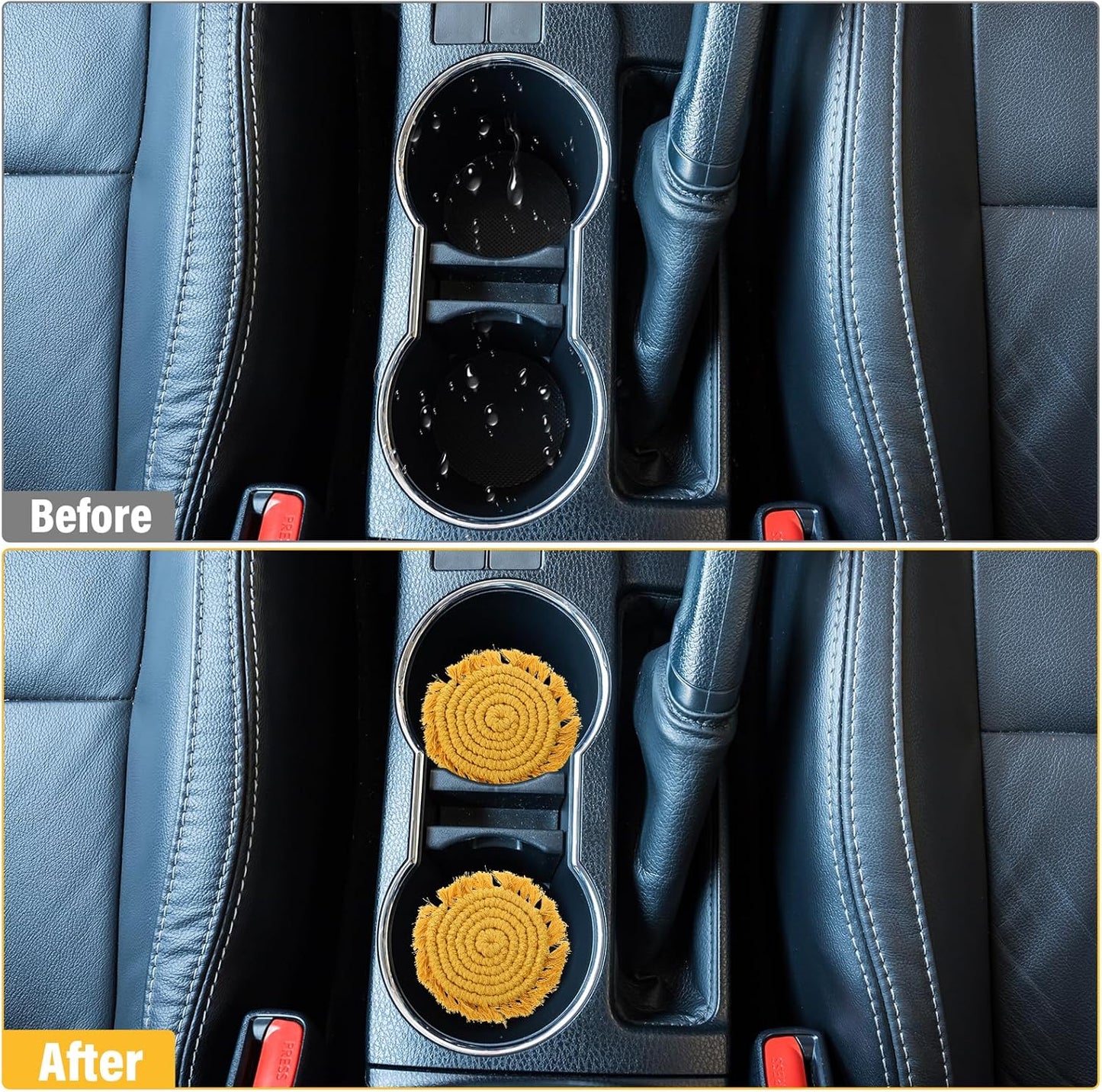 2pcs Car Cupholder Coaster, Absorbent Cotton Coaster for Car, 3.54 in Boho Cars Cupholder Coasters with Tassel Edges for Cars,RV & Home Decor（Sunshine Yellow）