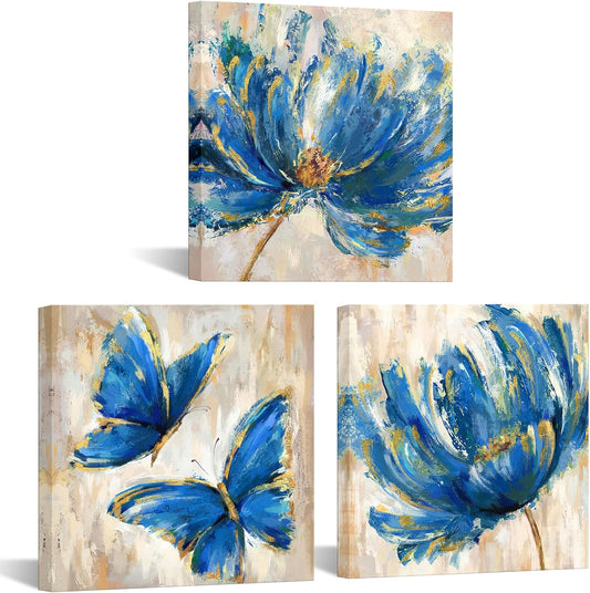 3 Pieces Yellow Flower and Butterfly Canvas Prints Floral Oil Painting Gold Wall Art for Bathroom Bedroom Ready to Hang Each Size 12x12 Inches (Yellow)