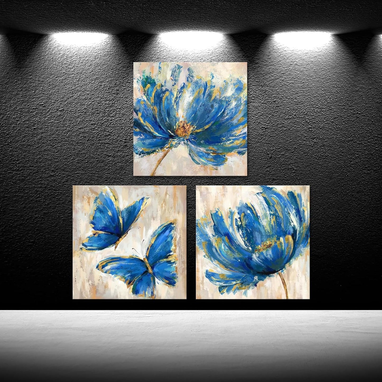 3 Pieces Yellow Flower and Butterfly Canvas Prints Floral Oil Painting Gold Wall Art for Bathroom Bedroom Ready to Hang Each Size 12x12 Inches (Yellow)