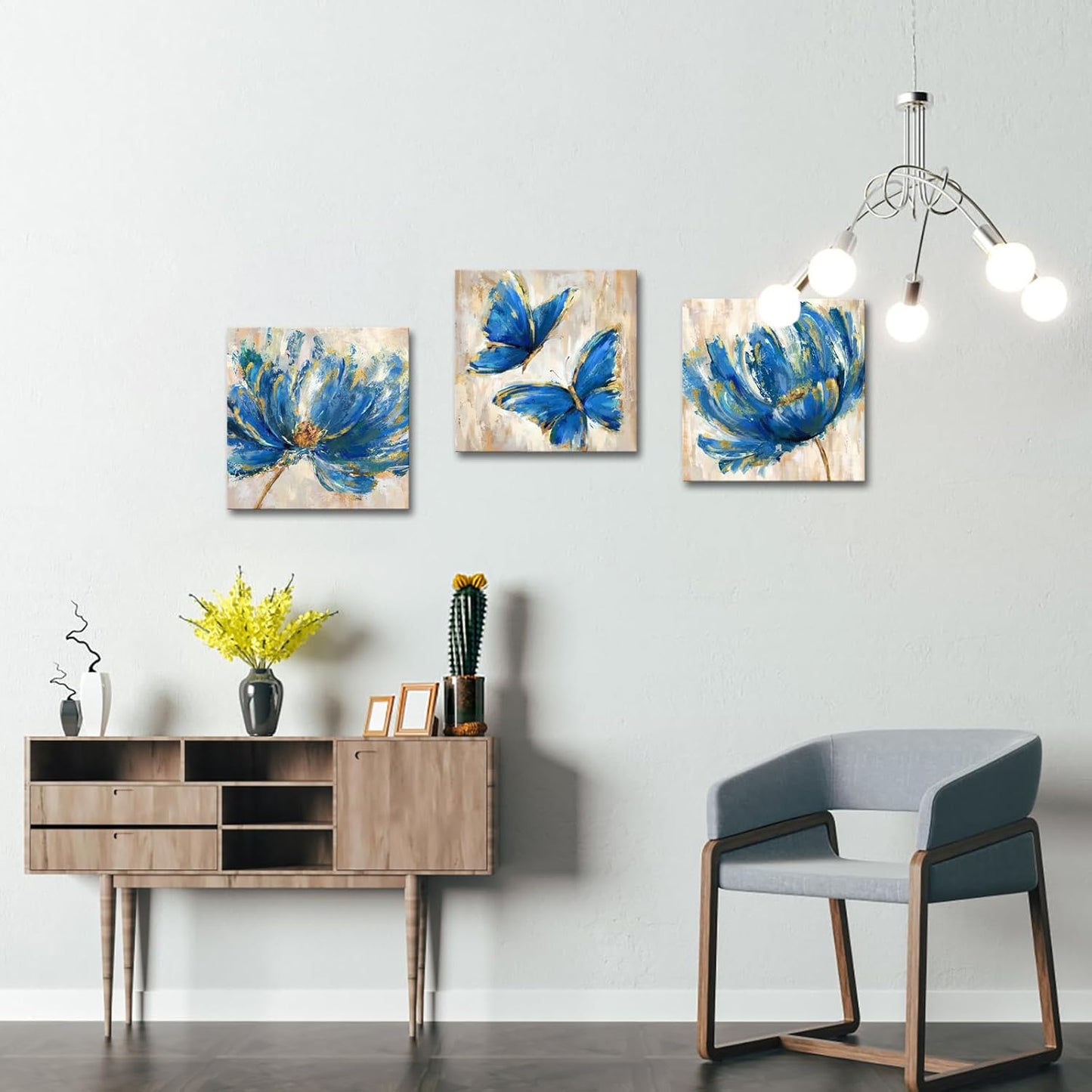 3 Pieces Yellow Flower and Butterfly Canvas Prints Floral Oil Painting Gold Wall Art for Bathroom Bedroom Ready to Hang Each Size 12x12 Inches (Yellow)