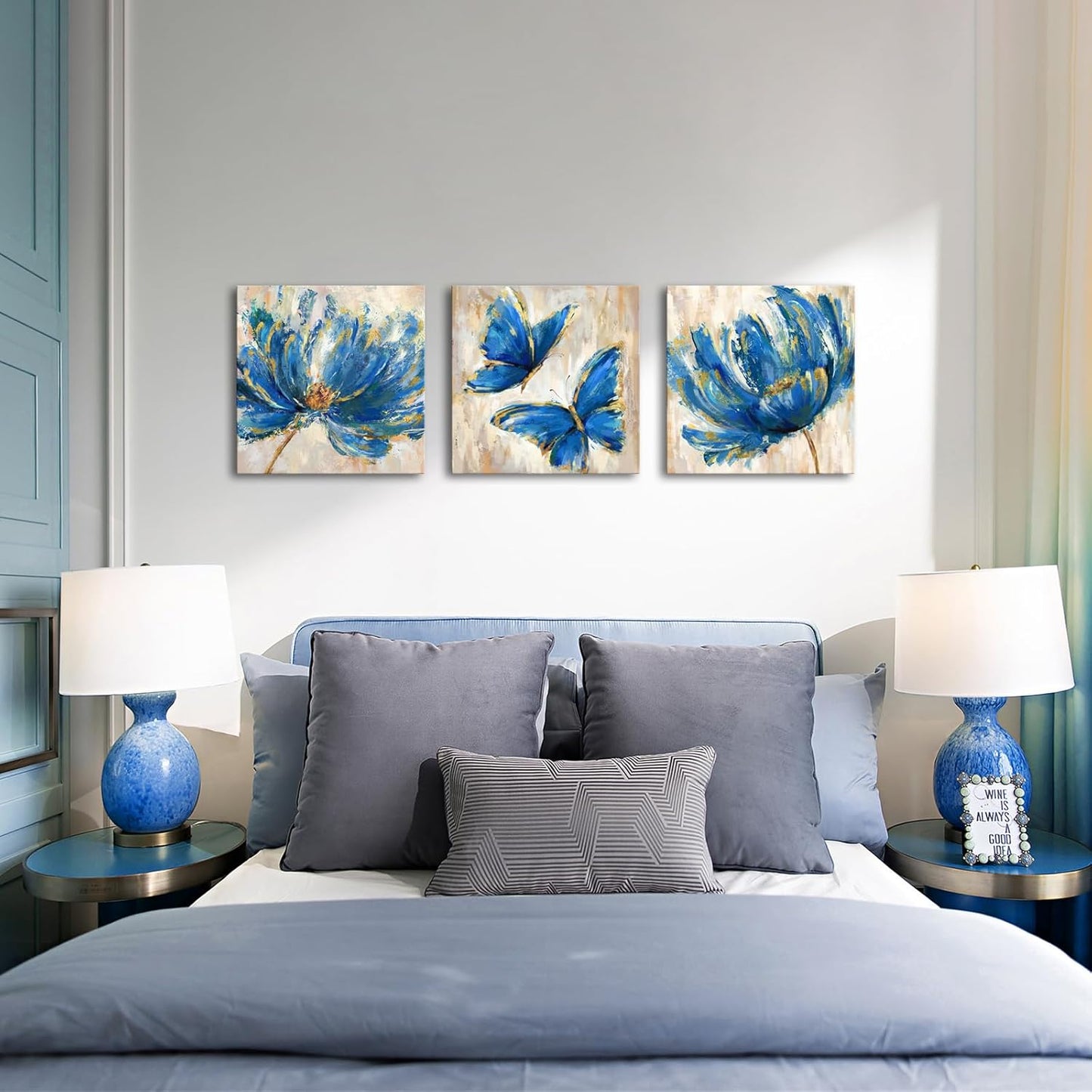 3 Pieces Yellow Flower and Butterfly Canvas Prints Floral Oil Painting Gold Wall Art for Bathroom Bedroom Ready to Hang Each Size 12x12 Inches (Yellow)