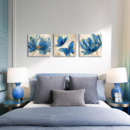 3 Pieces Yellow Flower and Butterfly Canvas Prints Floral Oil Painting Gold Wall Art for Bathroom Bedroom Ready to Hang Each Size 12x12 Inches (Yellow)