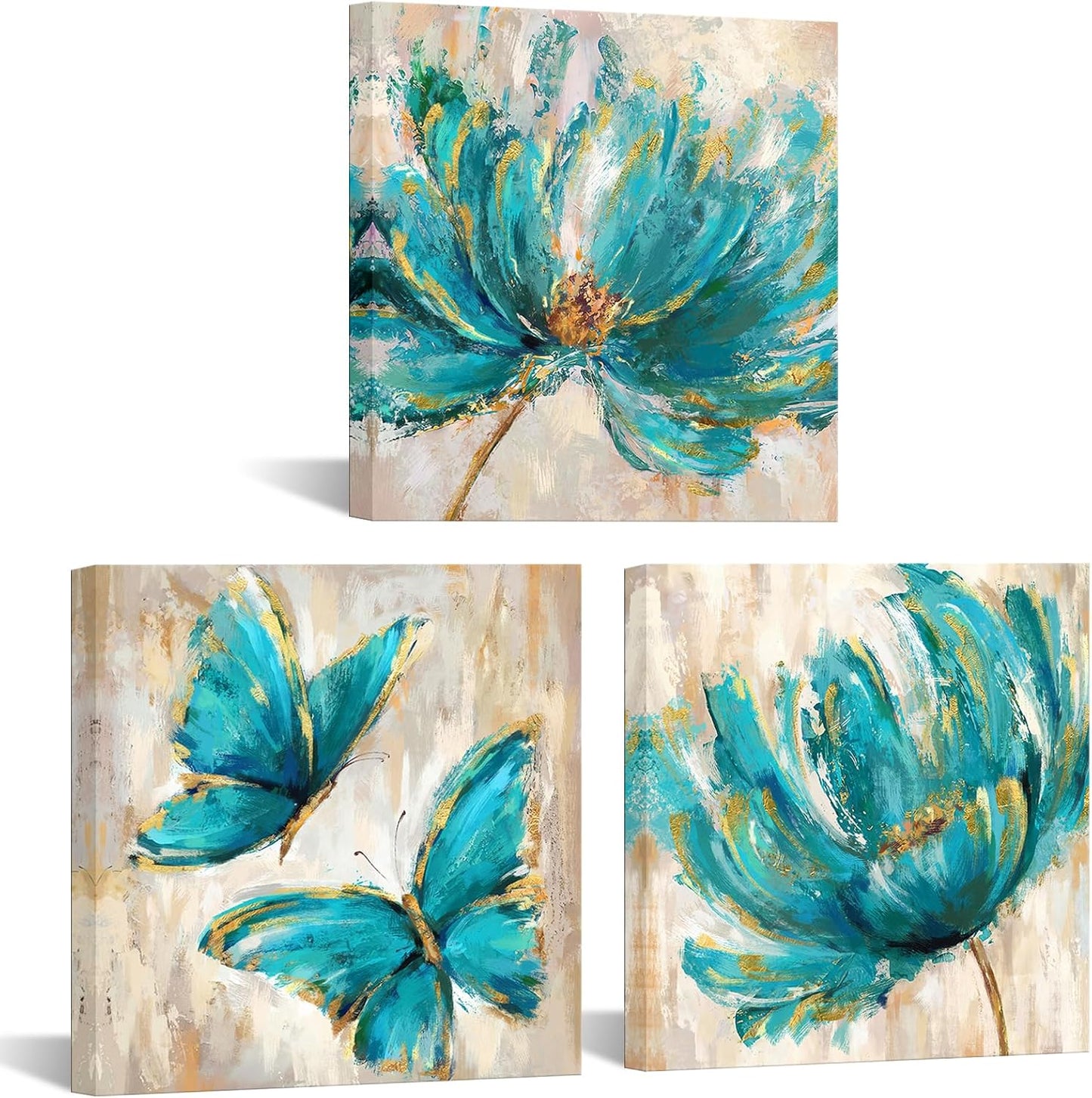 3 Pieces Yellow Flower and Butterfly Canvas Prints Floral Oil Painting Gold Wall Art for Bathroom Bedroom Ready to Hang Each Size 12x12 Inches (Yellow)