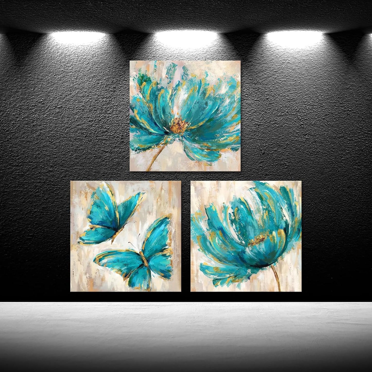 3 Pieces Yellow Flower and Butterfly Canvas Prints Floral Oil Painting Gold Wall Art for Bathroom Bedroom Ready to Hang Each Size 12x12 Inches (Yellow)
