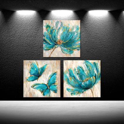 3 Pieces Yellow Flower and Butterfly Canvas Prints Floral Oil Painting Gold Wall Art for Bathroom Bedroom Ready to Hang Each Size 12x12 Inches (Yellow)
