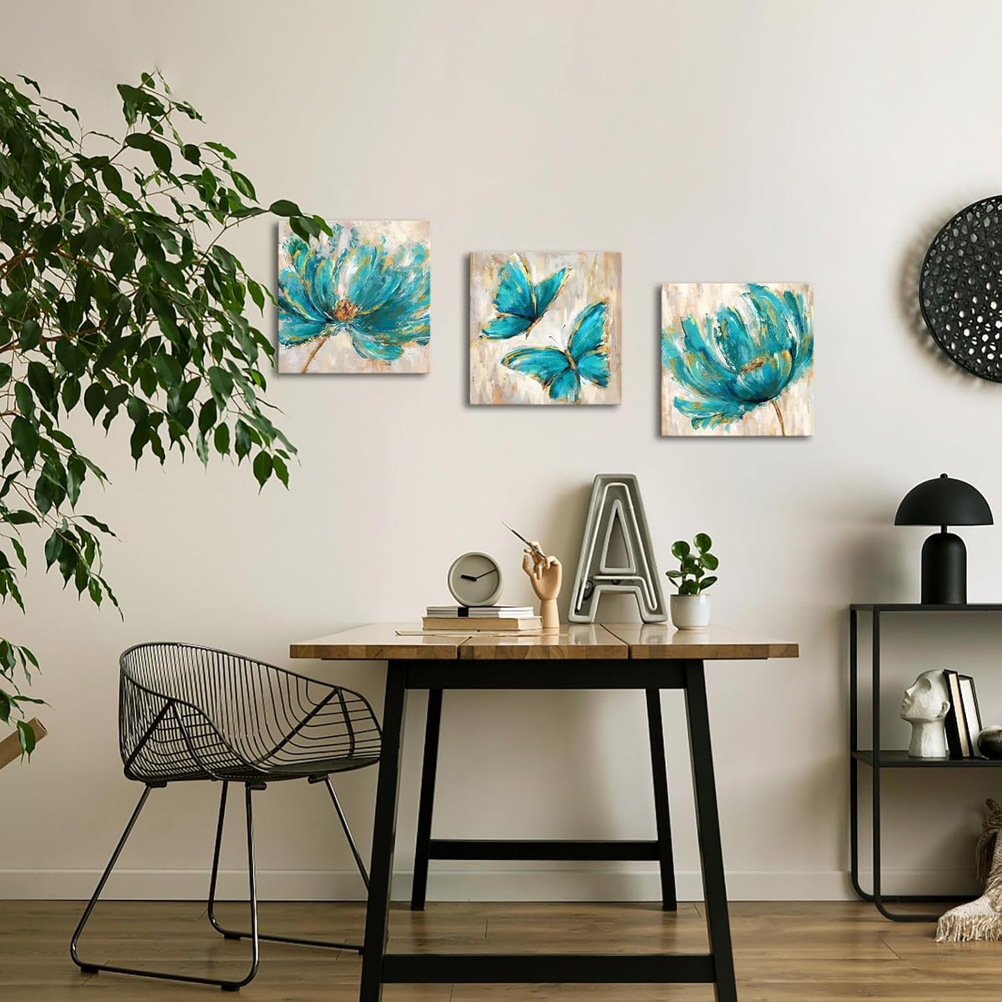 3 Pieces Yellow Flower and Butterfly Canvas Prints Floral Oil Painting Gold Wall Art for Bathroom Bedroom Ready to Hang Each Size 12x12 Inches (Yellow)