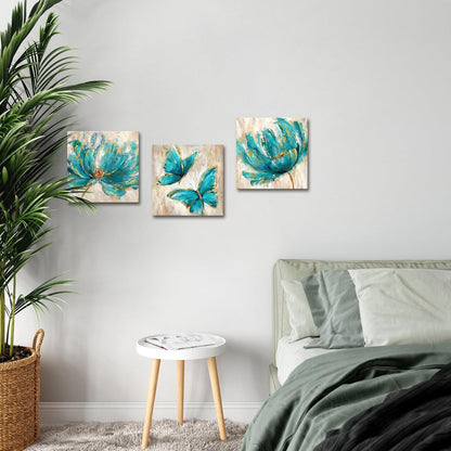 3 Pieces Yellow Flower and Butterfly Canvas Prints Floral Oil Painting Gold Wall Art for Bathroom Bedroom Ready to Hang Each Size 12x12 Inches (Yellow)