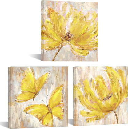3 Pieces Yellow Flower and Butterfly Canvas Prints Floral Oil Painting Gold Wall Art for Bathroom Bedroom Ready to Hang Each Size 12x12 Inches (Yellow)