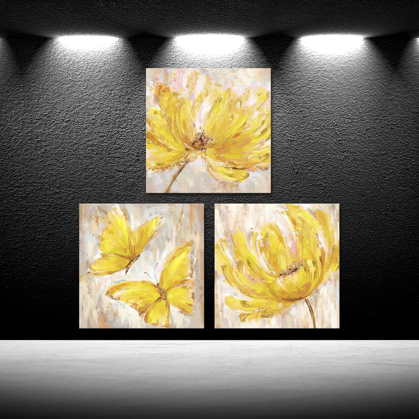 3 Pieces Yellow Flower and Butterfly Canvas Prints Floral Oil Painting Gold Wall Art for Bathroom Bedroom Ready to Hang Each Size 12x12 Inches (Yellow)