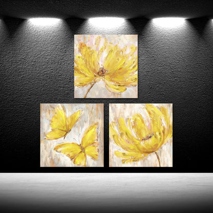 3 Pieces Yellow Flower and Butterfly Canvas Prints Floral Oil Painting Gold Wall Art for Bathroom Bedroom Ready to Hang Each Size 12x12 Inches (Yellow)