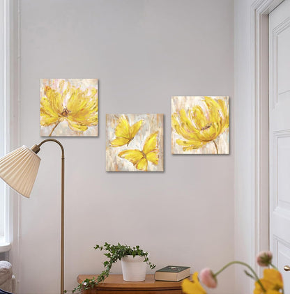 3 Pieces Yellow Flower and Butterfly Canvas Prints Floral Oil Painting Gold Wall Art for Bathroom Bedroom Ready to Hang Each Size 12x12 Inches (Yellow)