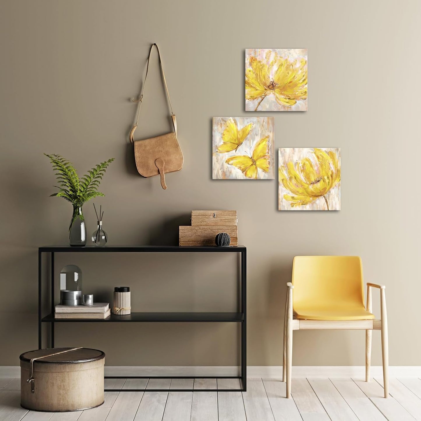 3 Pieces Yellow Flower and Butterfly Canvas Prints Floral Oil Painting Gold Wall Art for Bathroom Bedroom Ready to Hang Each Size 12x12 Inches (Yellow)