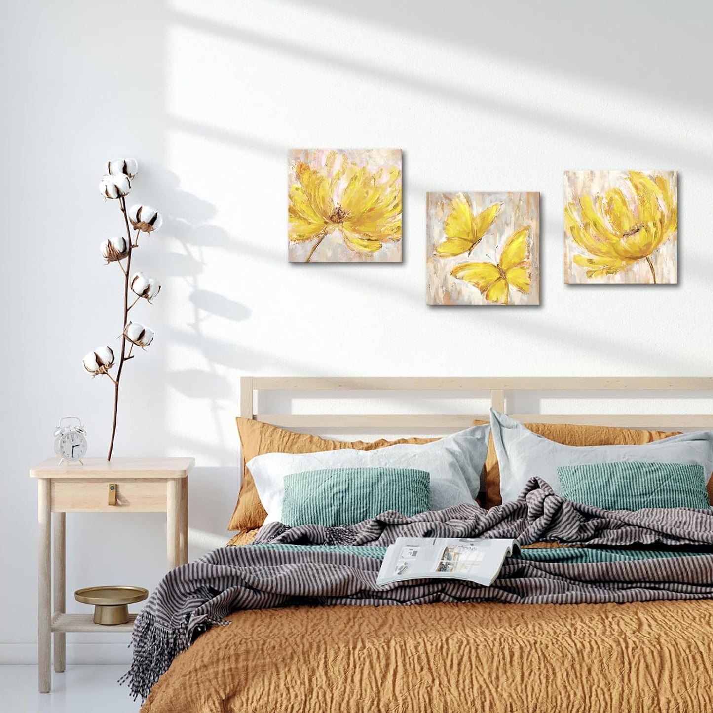 3 Pieces Yellow Flower and Butterfly Canvas Prints Floral Oil Painting Gold Wall Art for Bathroom Bedroom Ready to Hang Each Size 12x12 Inches (Yellow)