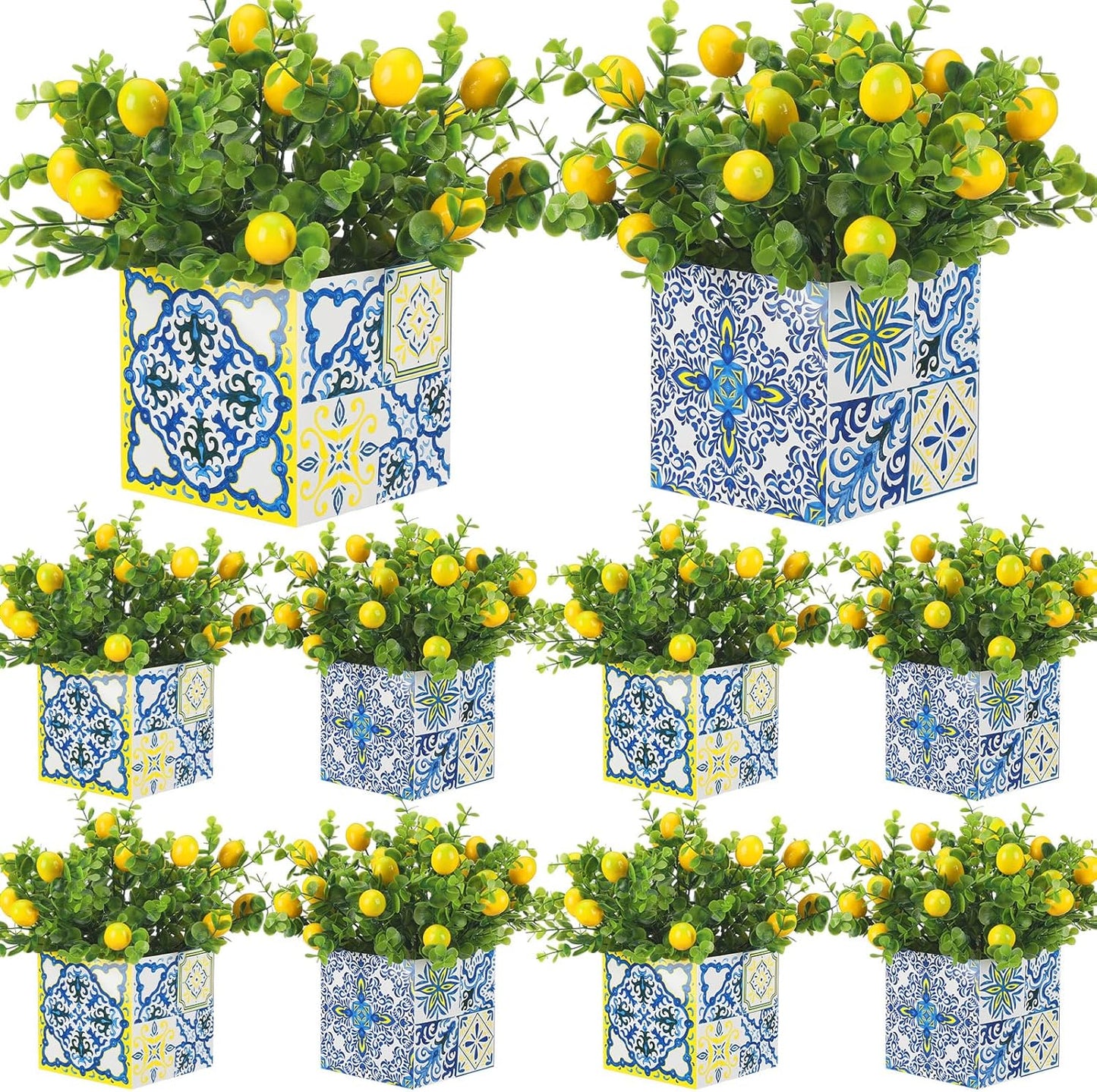 Blue Tiles Lemon Table Centerpiece Decor Amalfi Coast Box Decorations with Artificial Lemon Branches for Capri Mediterranean Positano Wedding Birthday Party Decor(4 Sets)
