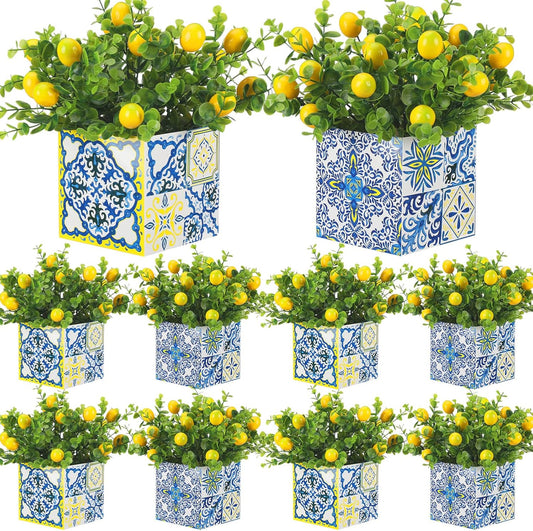 Blue Tiles Lemon Table Centerpiece Decor Amalfi Coast Box Decorations with Artificial Lemon Branches for Capri Mediterranean Positano Wedding Birthday Party Decor(4 Sets)