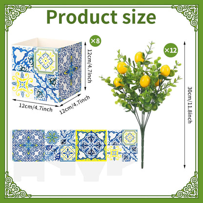Blue Tiles Lemon Table Centerpiece Decor Amalfi Coast Box Decorations with Artificial Lemon Branches for Capri Mediterranean Positano Wedding Birthday Party Decor(4 Sets)