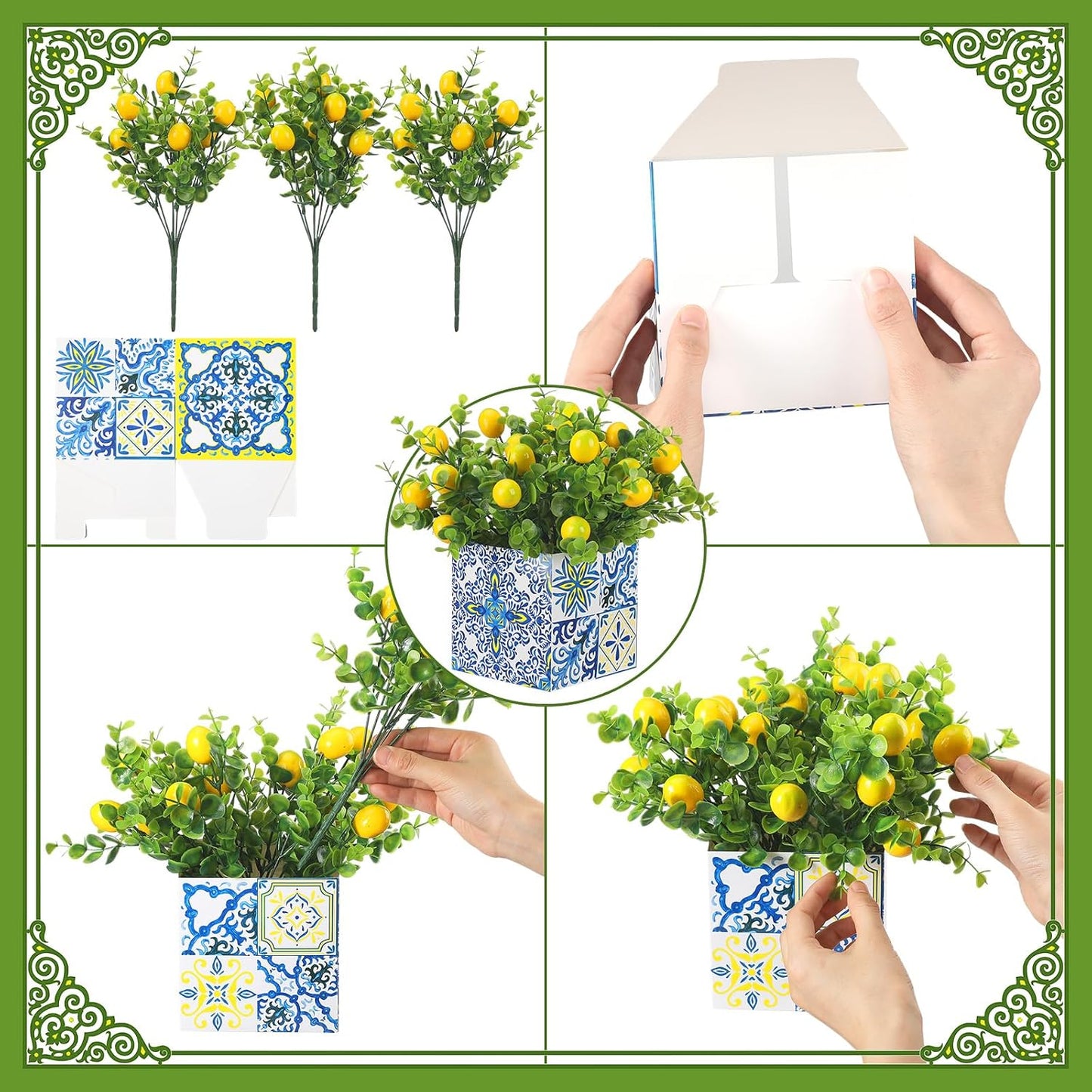 Blue Tiles Lemon Table Centerpiece Decor Amalfi Coast Box Decorations with Artificial Lemon Branches for Capri Mediterranean Positano Wedding Birthday Party Decor(4 Sets)