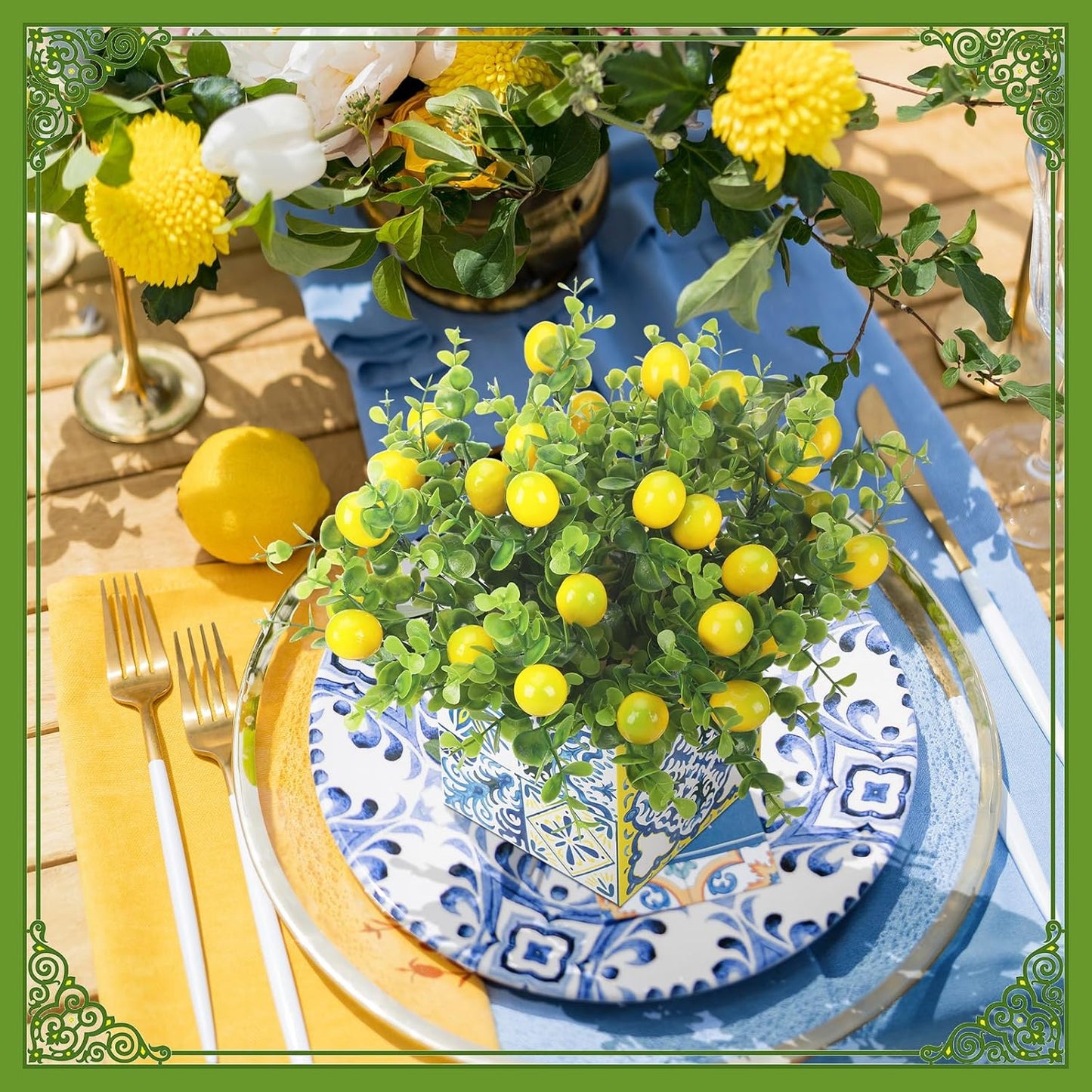 Blue Tiles Lemon Table Centerpiece Decor Amalfi Coast Box Decorations with Artificial Lemon Branches for Capri Mediterranean Positano Wedding Birthday Party Decor(4 Sets)