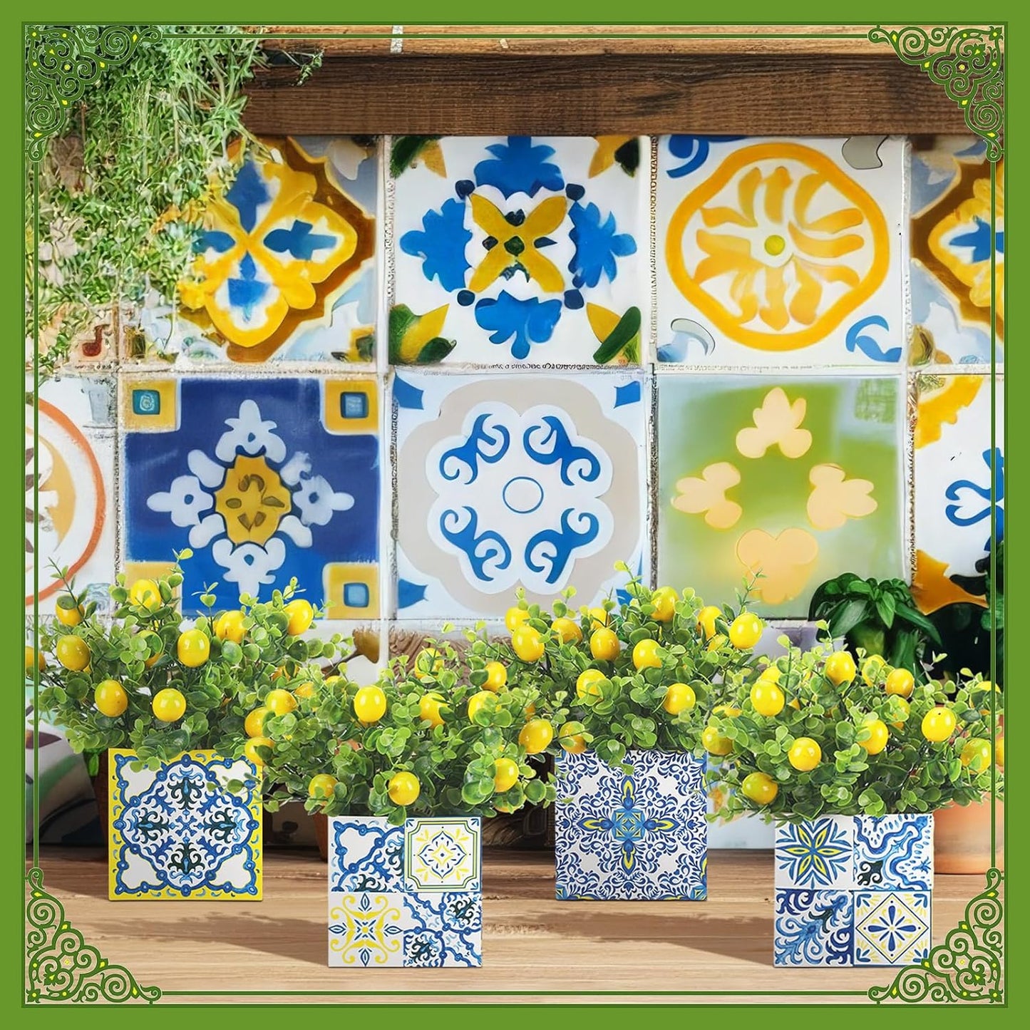 Blue Tiles Lemon Table Centerpiece Decor Amalfi Coast Box Decorations with Artificial Lemon Branches for Capri Mediterranean Positano Wedding Birthday Party Decor(4 Sets)