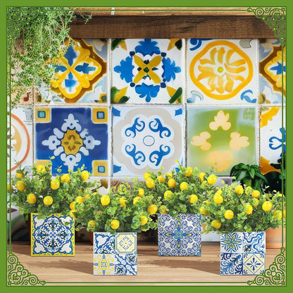 Blue Tiles Lemon Table Centerpiece Decor Amalfi Coast Box Decorations with Artificial Lemon Branches for Capri Mediterranean Positano Wedding Birthday Party Decor(4 Sets)