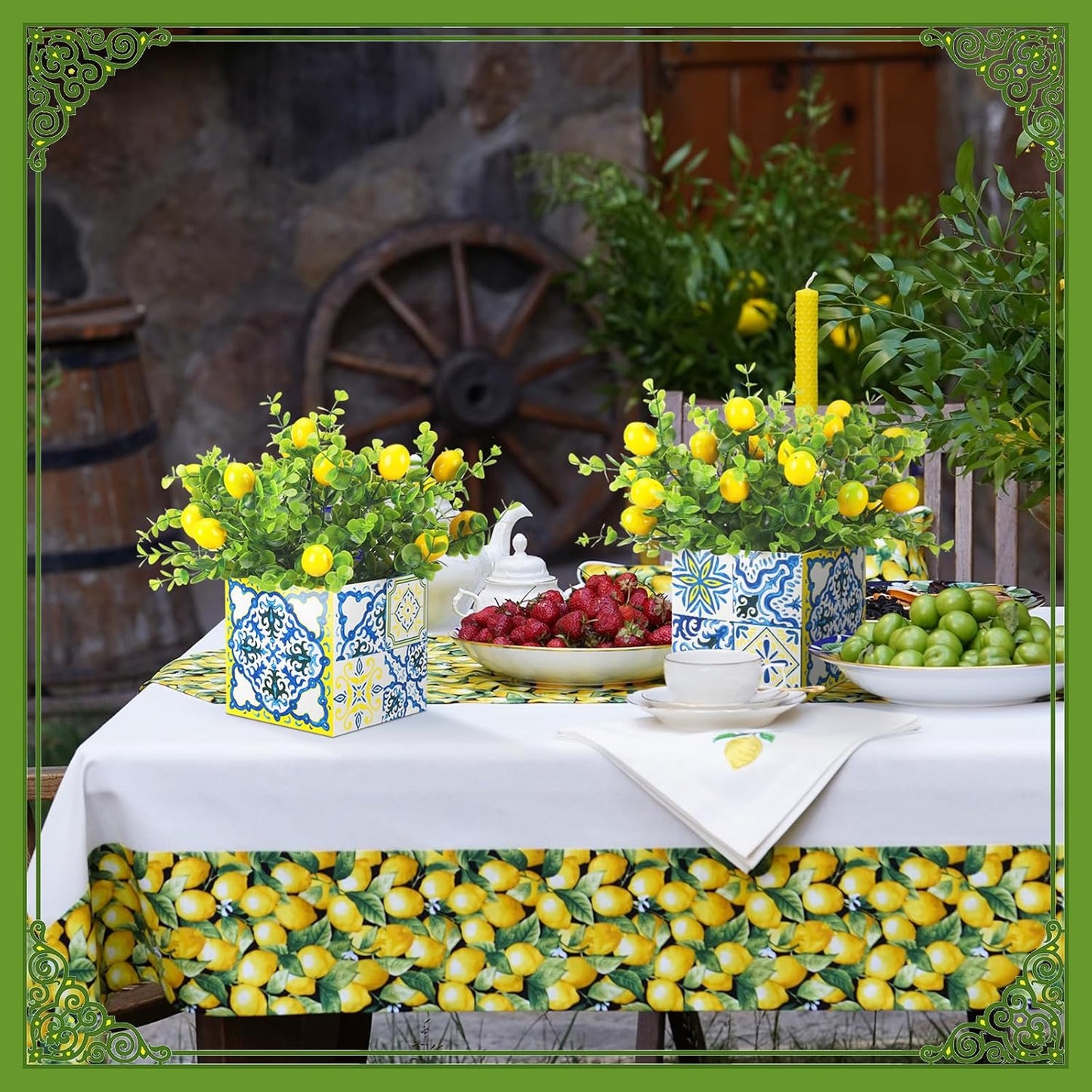 Blue Tiles Lemon Table Centerpiece Decor Amalfi Coast Box Decorations with Artificial Lemon Branches for Capri Mediterranean Positano Wedding Birthday Party Decor(4 Sets)