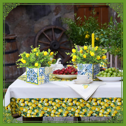 Blue Tiles Lemon Table Centerpiece Decor Amalfi Coast Box Decorations with Artificial Lemon Branches for Capri Mediterranean Positano Wedding Birthday Party Decor(4 Sets)
